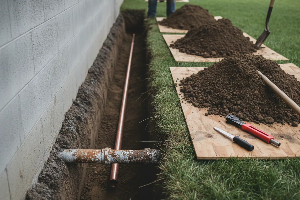 Excavated water line trench during Sewer Line Repair in Middletown